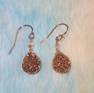 Drusy Rose stone rose tone earrings with white crystals, pear-shaped dangle